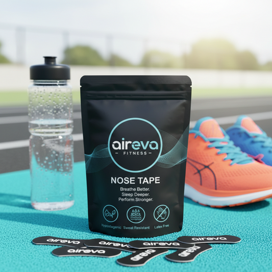 Aireva Fitness nose tape packaging with a water bottle and running shoes on a road background