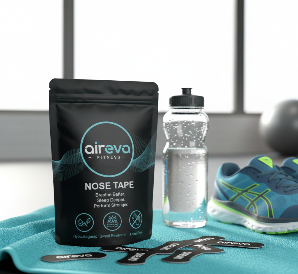 Aireva Fitness nose tape packaging with a water bottle and sports shoes on a blue towel.
