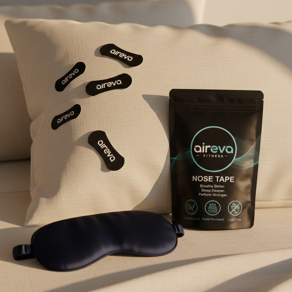 Aireva nose tape and sleep mask on a beige pillow