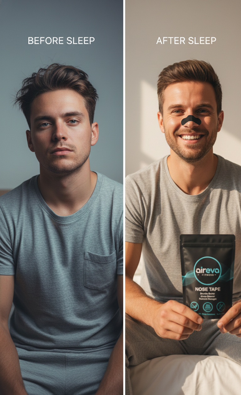 Before and after comparison of a man with aireva nose tape, showing improvement.